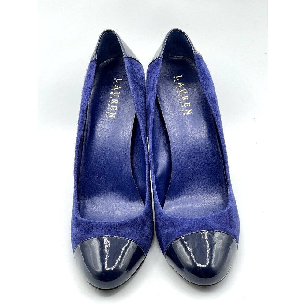 Lauren Ralph Lauren Blue Suede Patent Leather Cap Toe High Heels Size 9.5 B - Picture 6 of 10